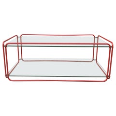 Vintage Double Glass and Red Steel Coffee Table, 1980s