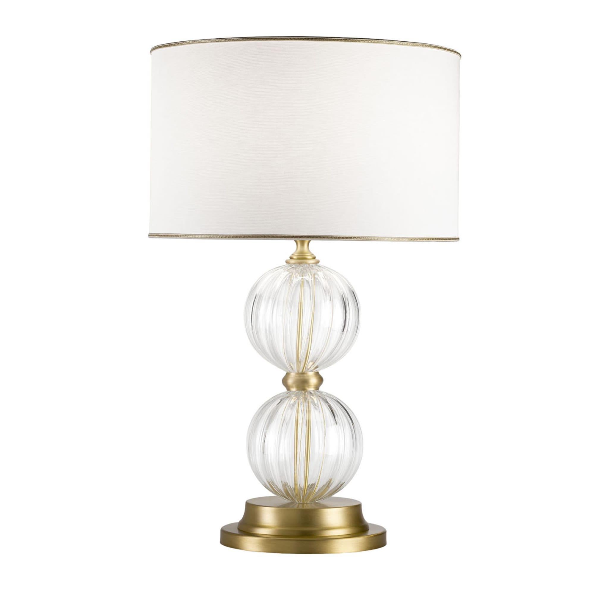 A plush golden-finished metal frame welcoming two spheres in prized transparent Murano glass defines this superb table lamp. Topped by a drum shade in fine beige silk, the silhouette maximizes its appeal thanks to the spheres' scalloped texture