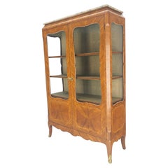 Double Glass Doors French Inlayed Marble Top Curio Cabinet Book Case MINT