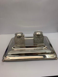 Double Glass Ink Stand on Silver Base by Mappin and Webb, London, 1917