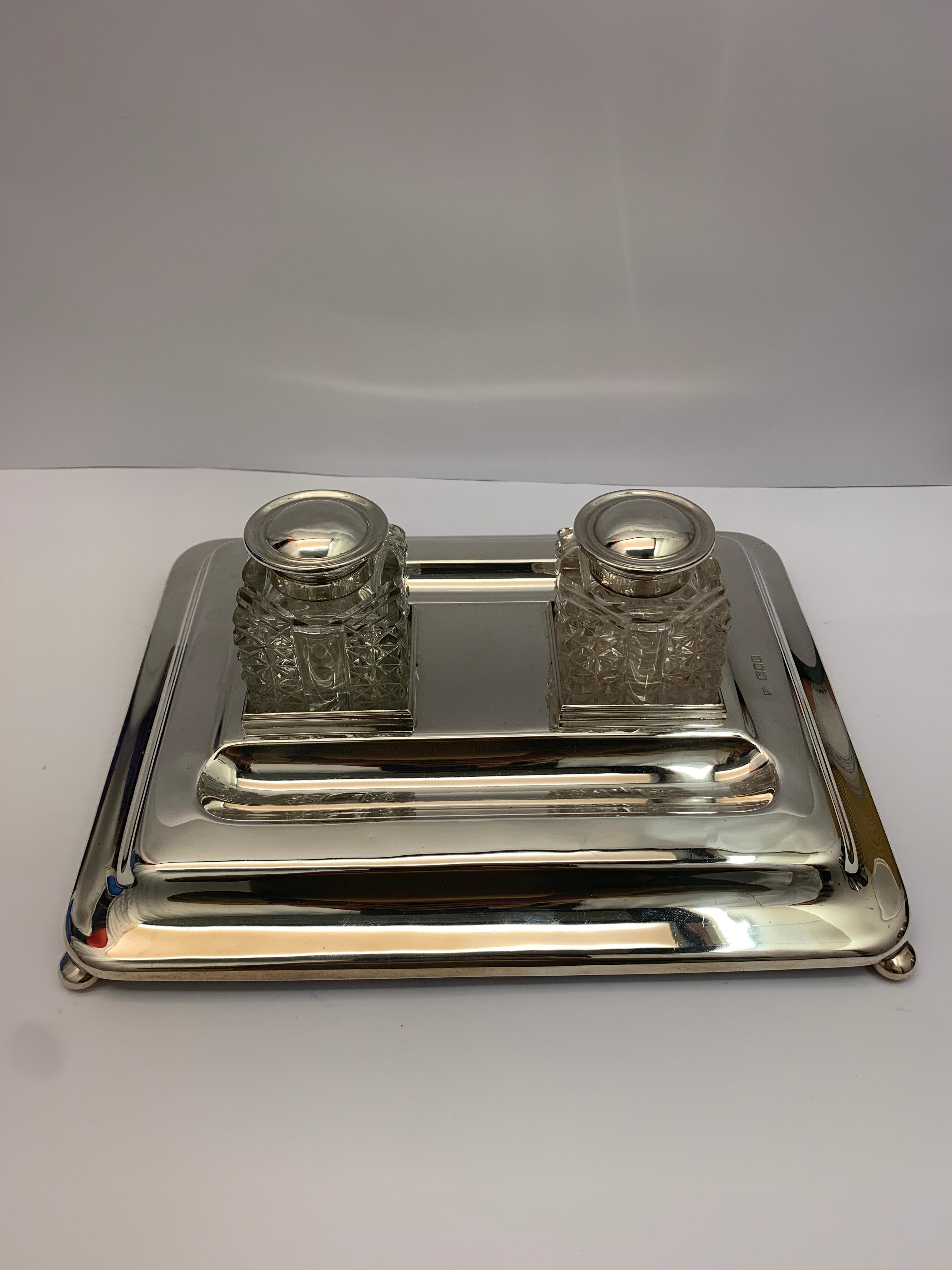 Early 20th Century Double Glass Ink Stand on Silver Base by Mappin and Webb, London, 1917 For Sale
