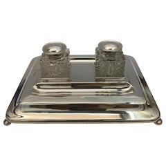 Double Glass Ink Stand on Silver Base by Mappin and Webb, London, 1917