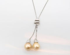 Double Golden South Sea Pearl Drop Necklace in 18k White Gold with Diamonds