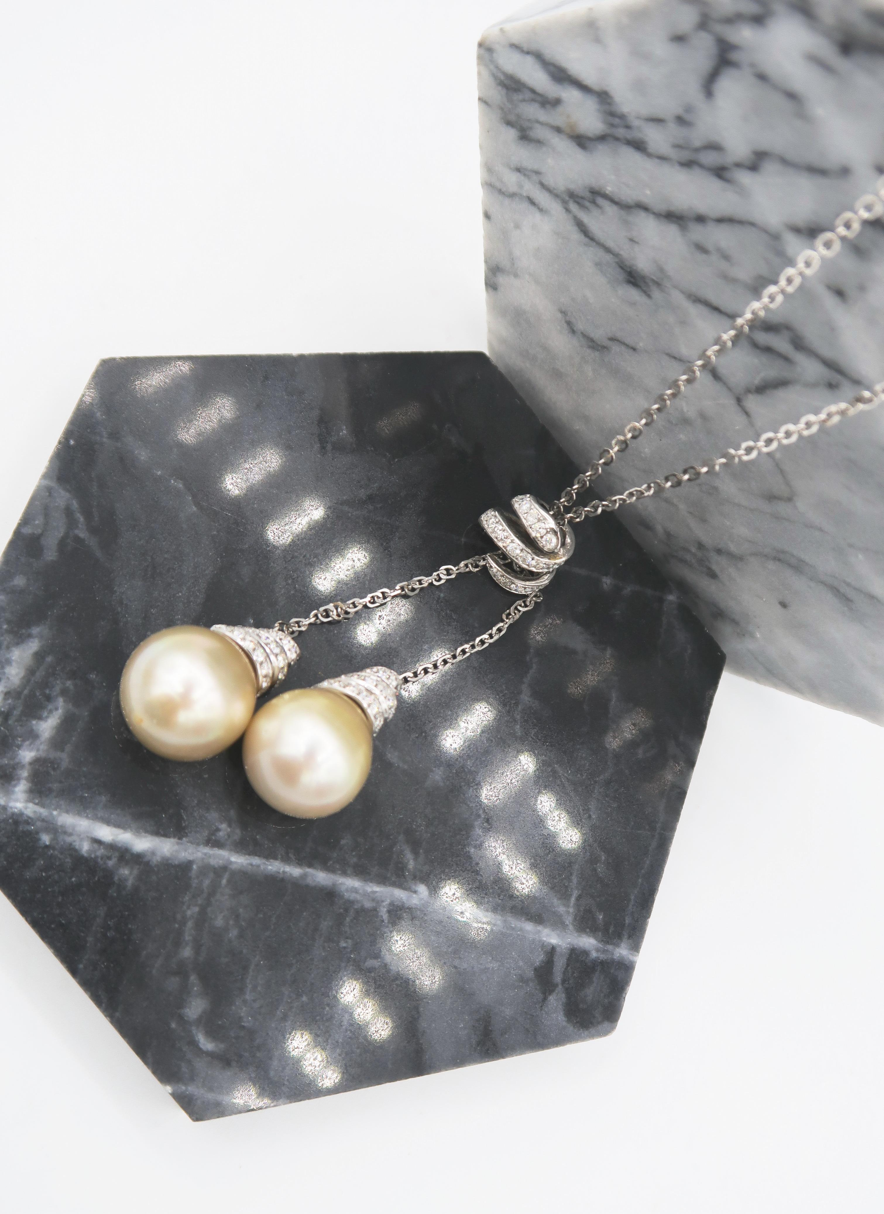 Contemporary Double Golden South Sea Pearl Drop Necklace in 18k White Gold with Diamonds For Sale