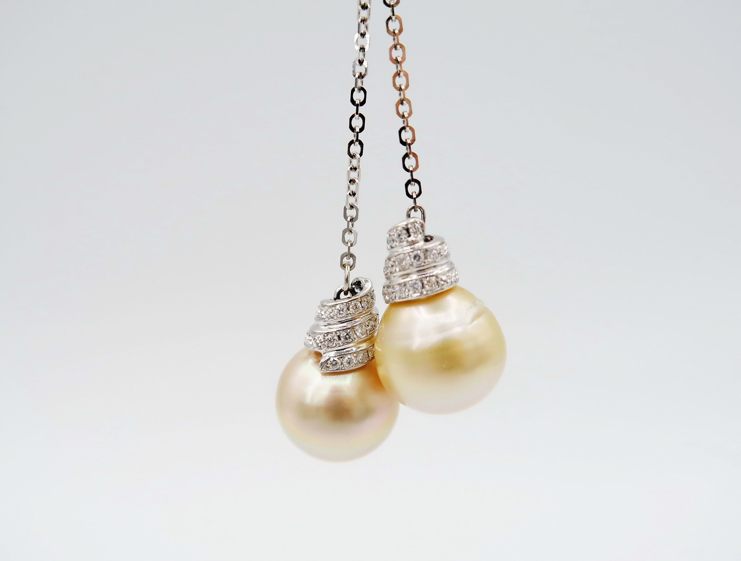 Brilliant Cut Double Golden South Sea Pearl Drop Necklace in 18k White Gold with Diamonds For Sale