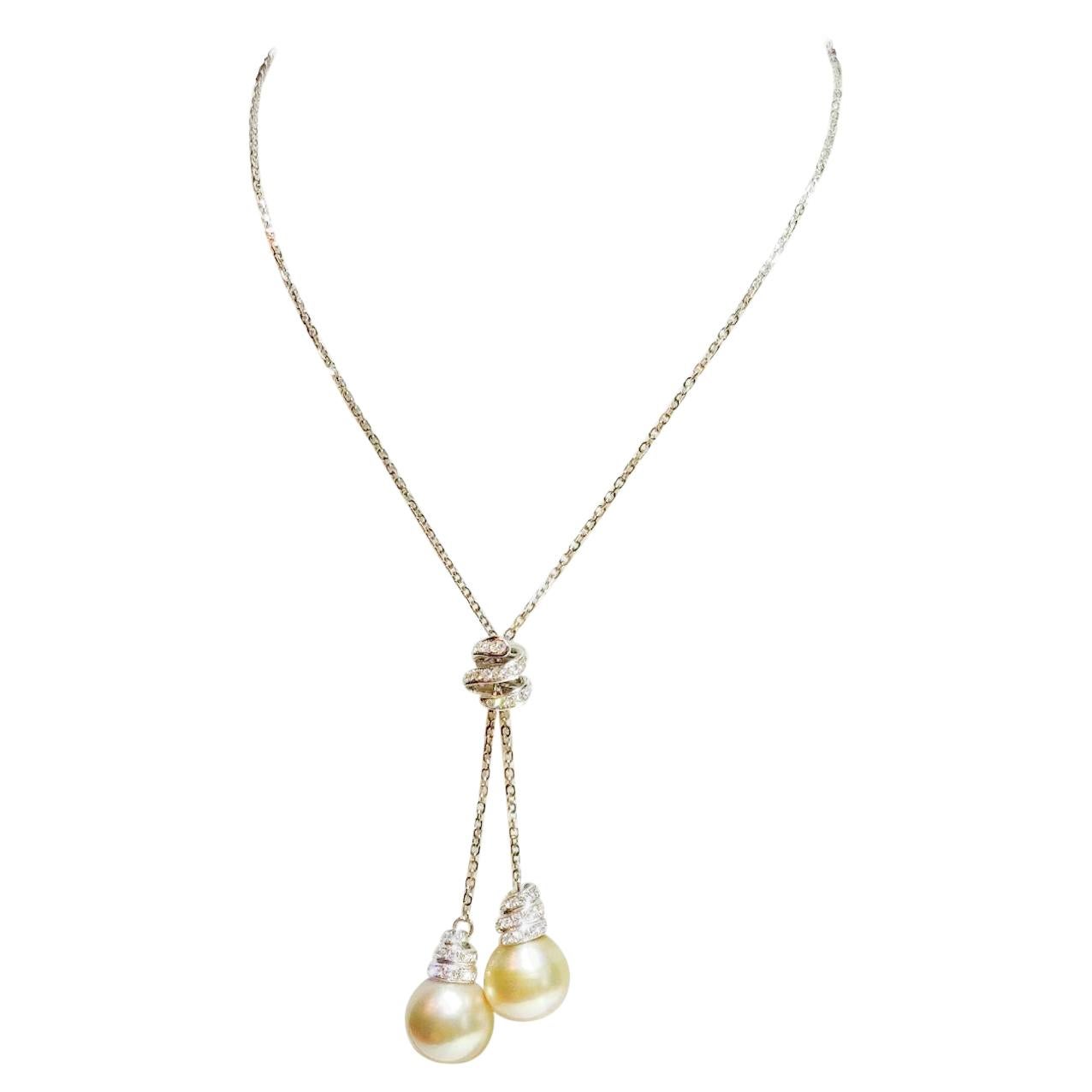 Double Golden South Sea Pearl Drop Necklace in 18k White Gold with Diamonds For Sale