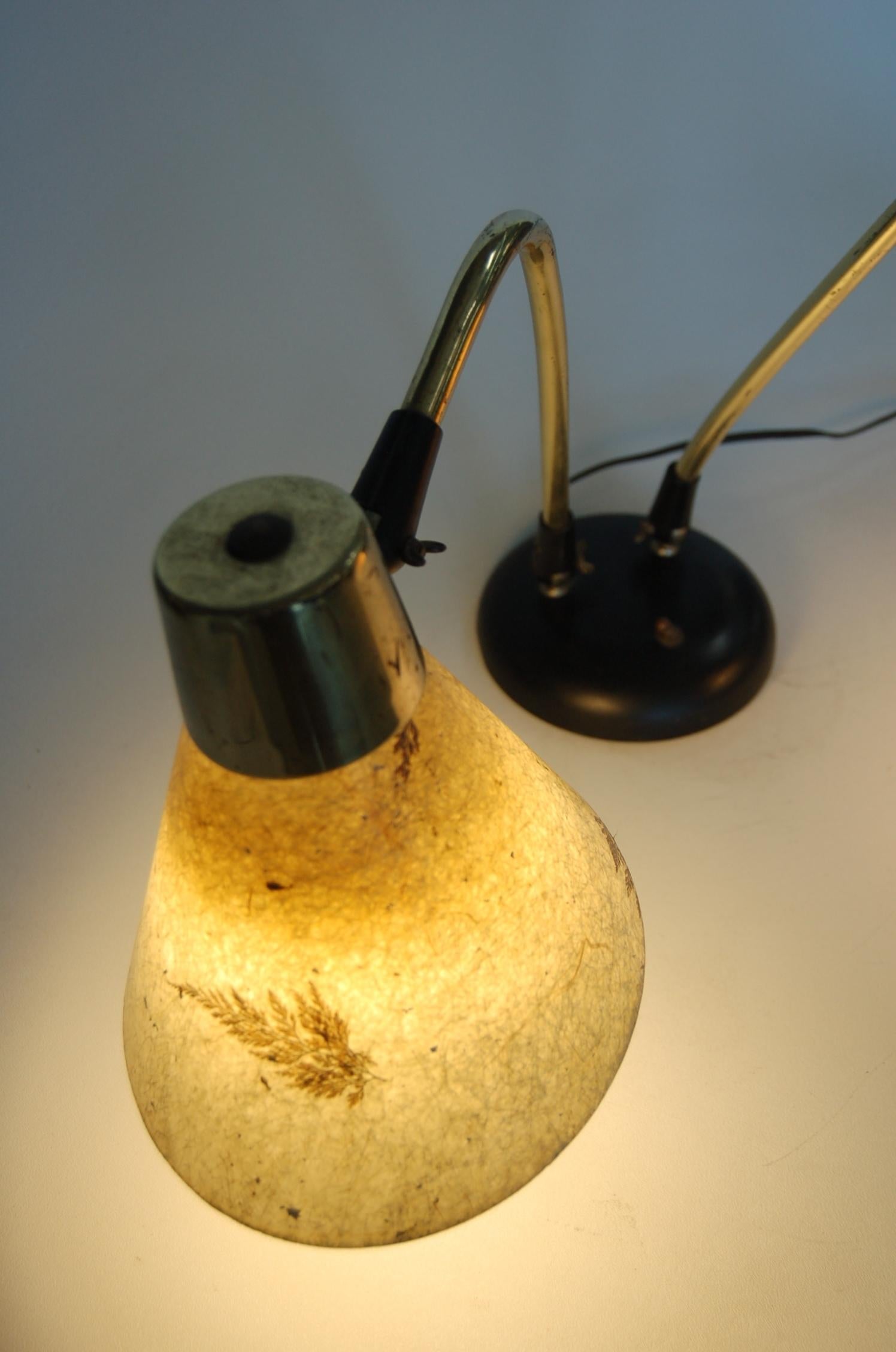 Laiton Lampe de bureau à double col de cygne en laiton avec fibre de verre à fleurs pressées en vente