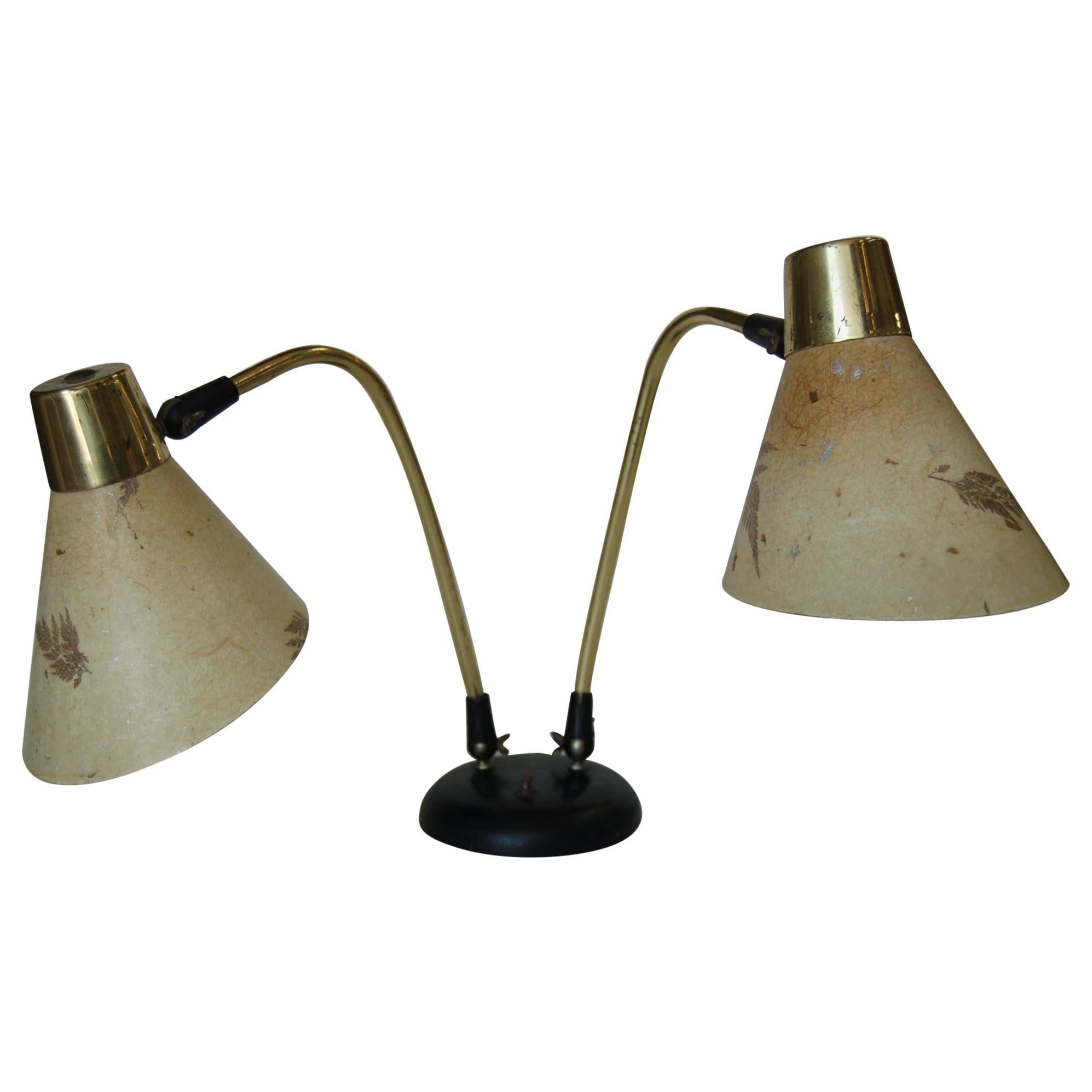 Double Gooseneck Brass Desk Table Lamp with Pressed Floral Fiberglass For Sale