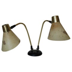 Double Gooseneck Brass Desk Table Lamp with Pressed Floral Fiberglass