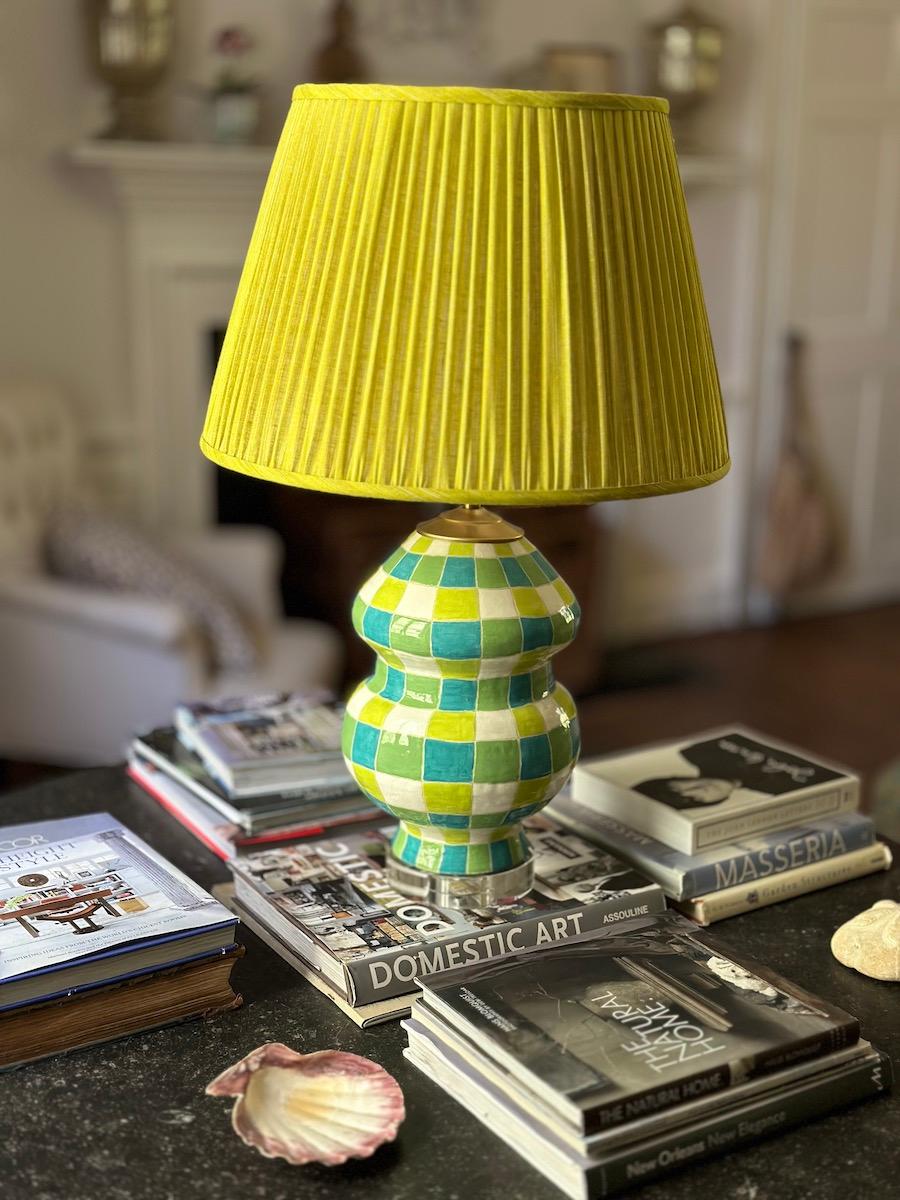 Hand-Painted Double-Gourd Ceramic Lamp in Plaid For Sale