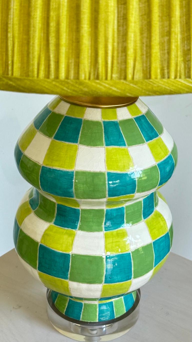 Hand-Painted Double-Gourd Ceramic Lamp in Plaid For Sale