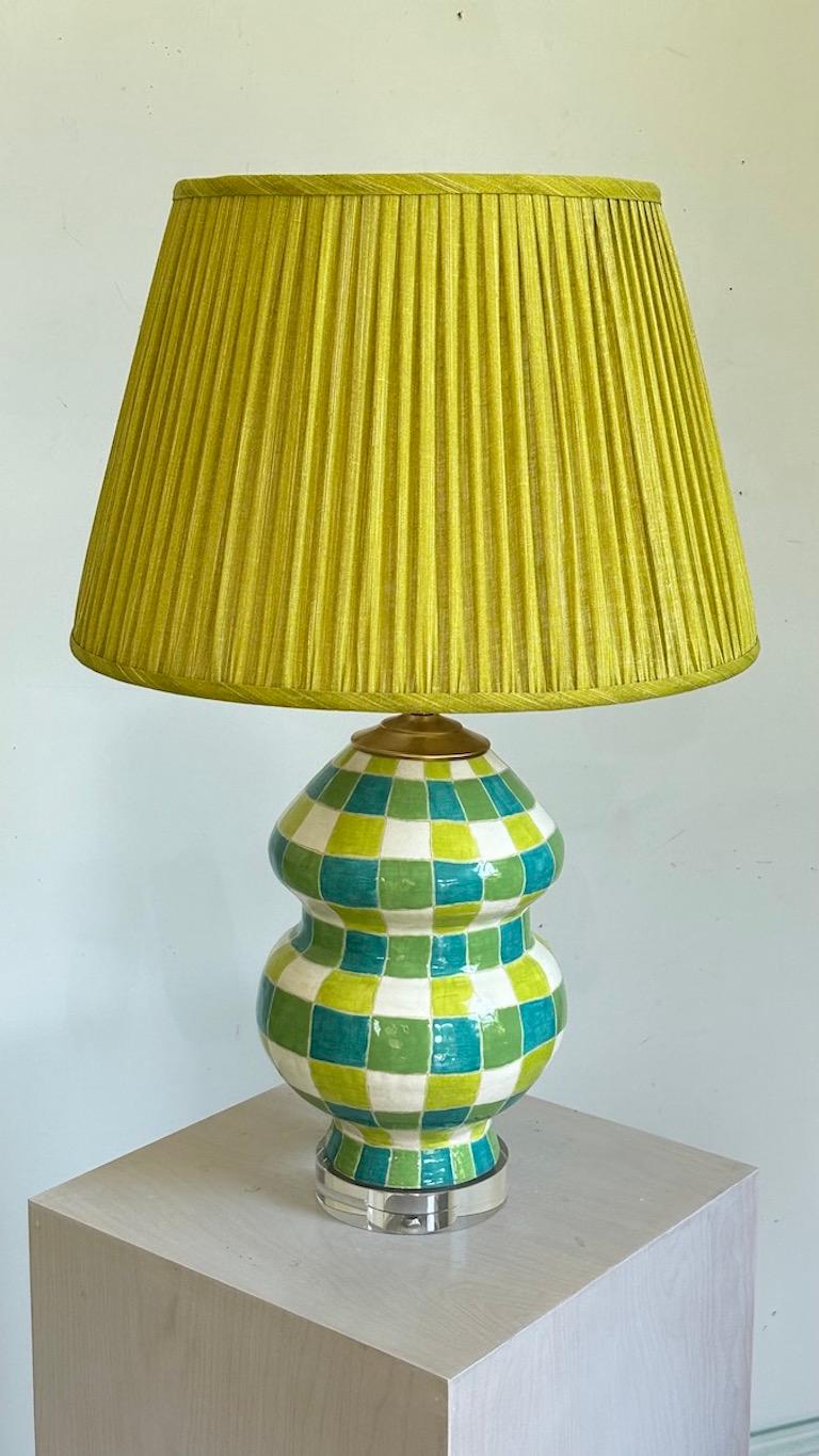 Brass Double-Gourd Ceramic Lamp in Plaid For Sale