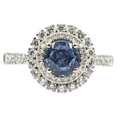 Anello con doppio zaffiro blu e diamante in oro bianco 14k