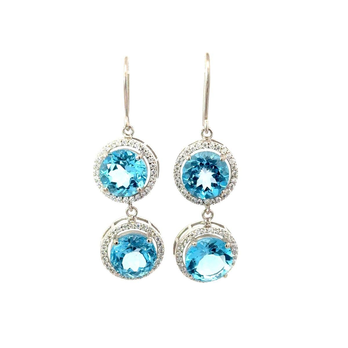 Pendientes colgantes de plata 925 con doble halo de topacio azul Regalo de boda para ella Corte redondo en venta