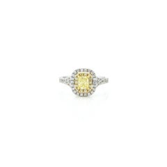 Double Halo Cushion Yellow Diamond Ring 18KT White Gold Pave Stone Set Sholders