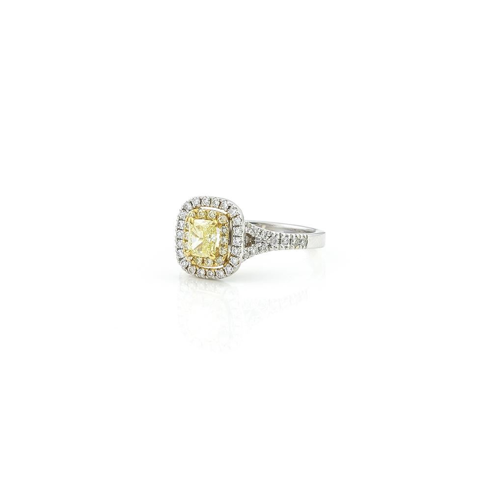 Contemporary Double Halo Cushion Yellow Diamond Ring 18KT White Gold Pave Stone Set Sholders For Sale