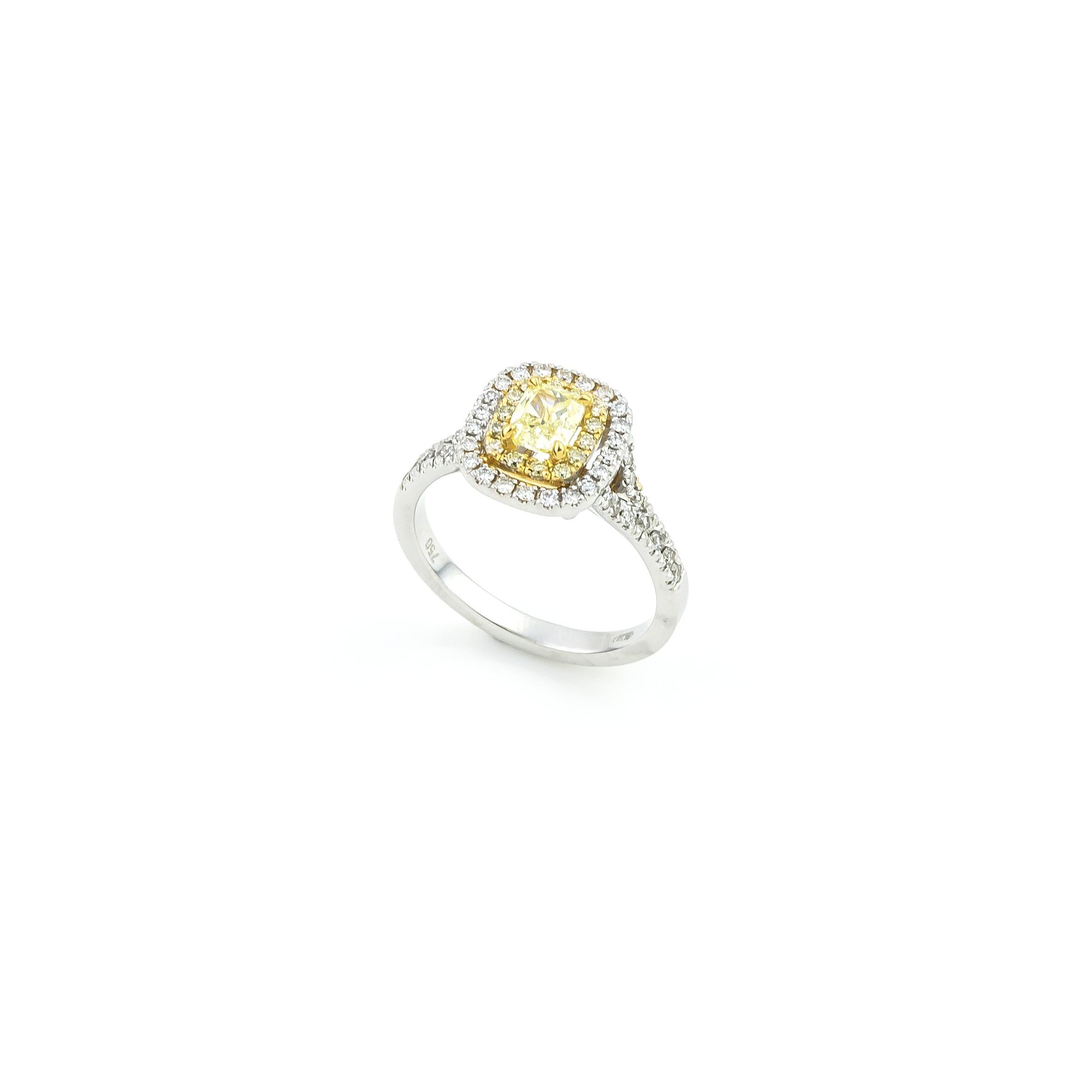 Double Halo Cushion Yellow Diamond Ring 18KT White Gold Pave Stone Set Sholders In New Condition For Sale In Athens, GR