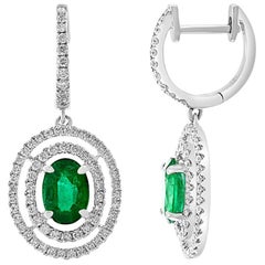 Double Halo Diamond and Emerald Drop Style Earrings, 1.05ct of Emeralds in 18kt