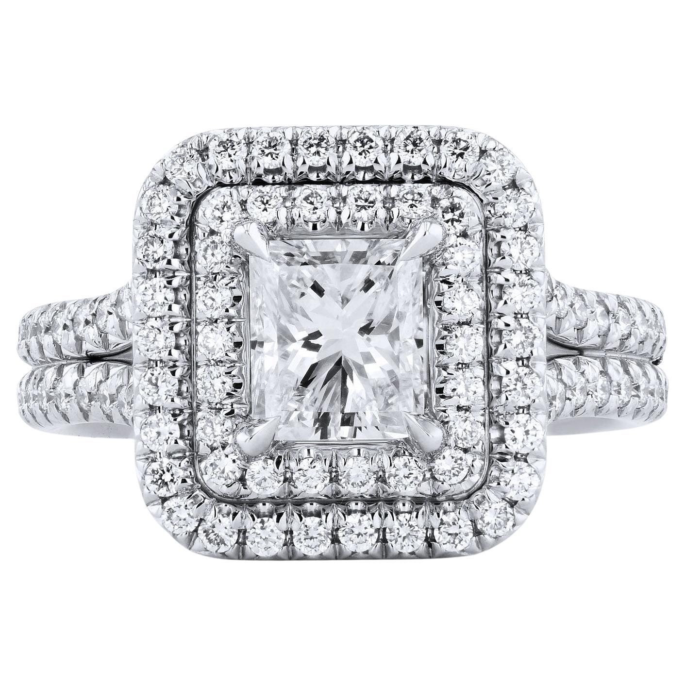 Double Halo Diamond and Platinum Engagement Ring For Sale