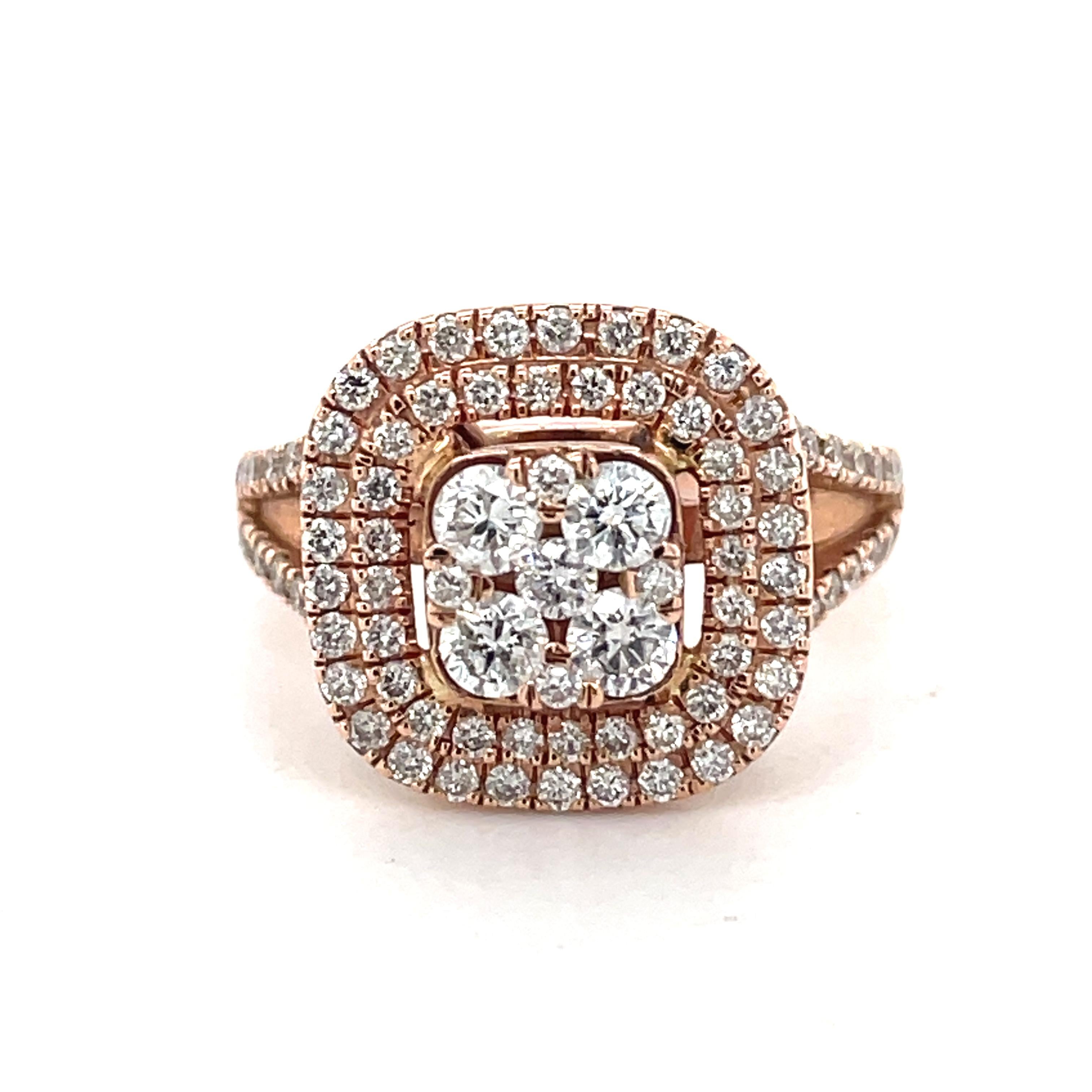Round Cut Double Halo Diamond Engagement Ring, 1ct diamonds Vintage Style 14K Rose Gold For Sale