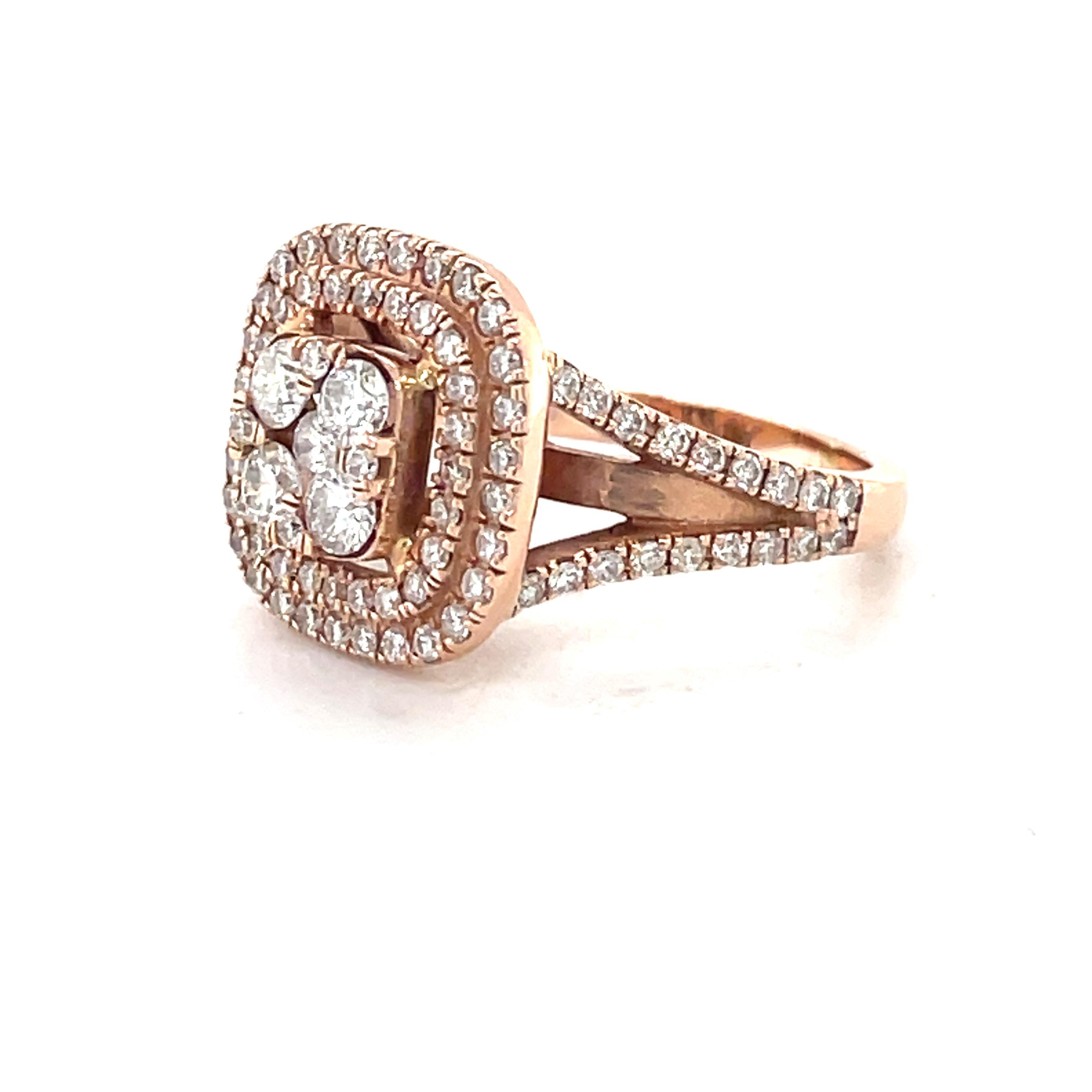 Women's Double Halo Diamond Engagement Ring, 1ct diamonds Vintage Style 14K Rose Gold For Sale