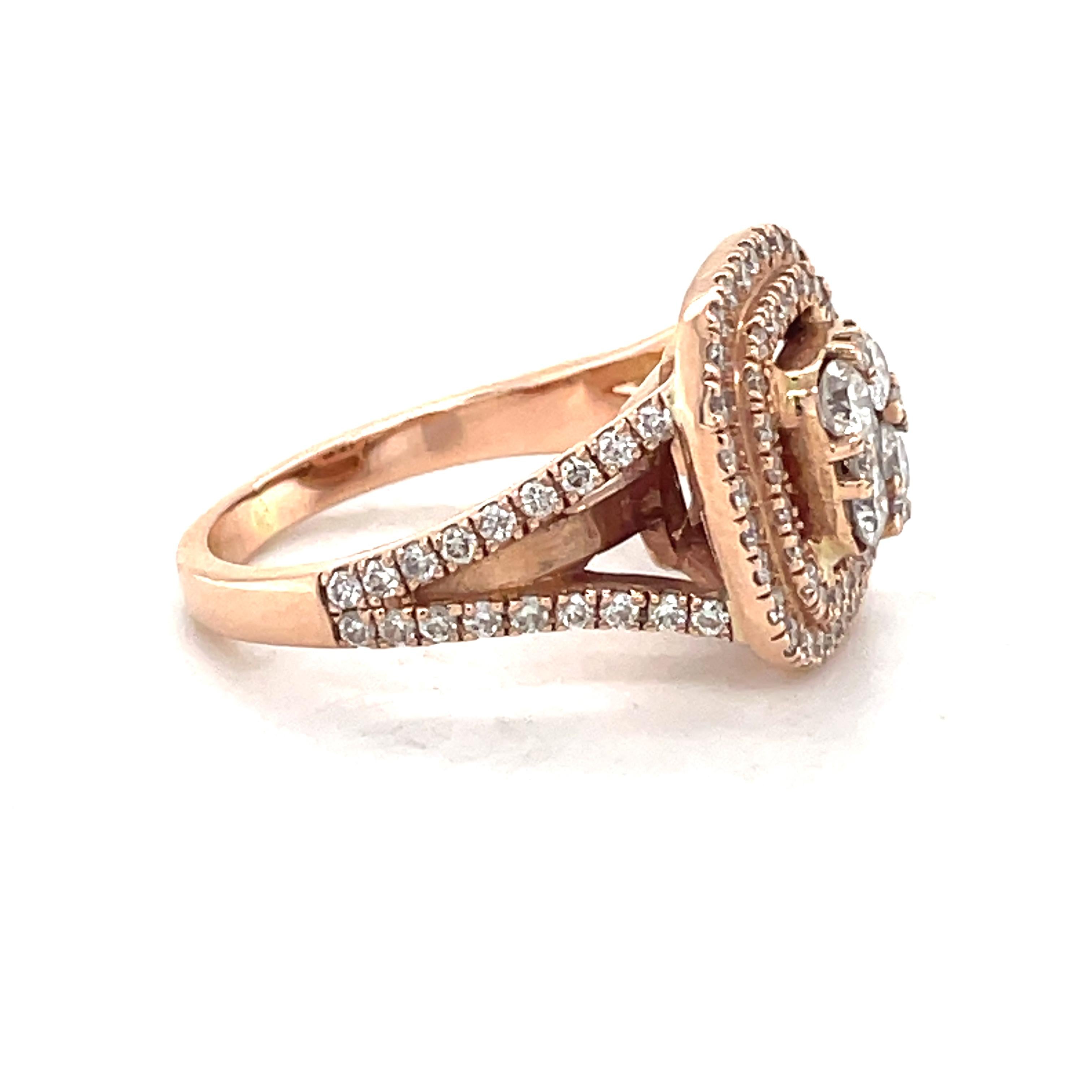 Double Halo Diamond Engagement Ring, 1ct diamonds Vintage Style 14K Rose Gold For Sale 2