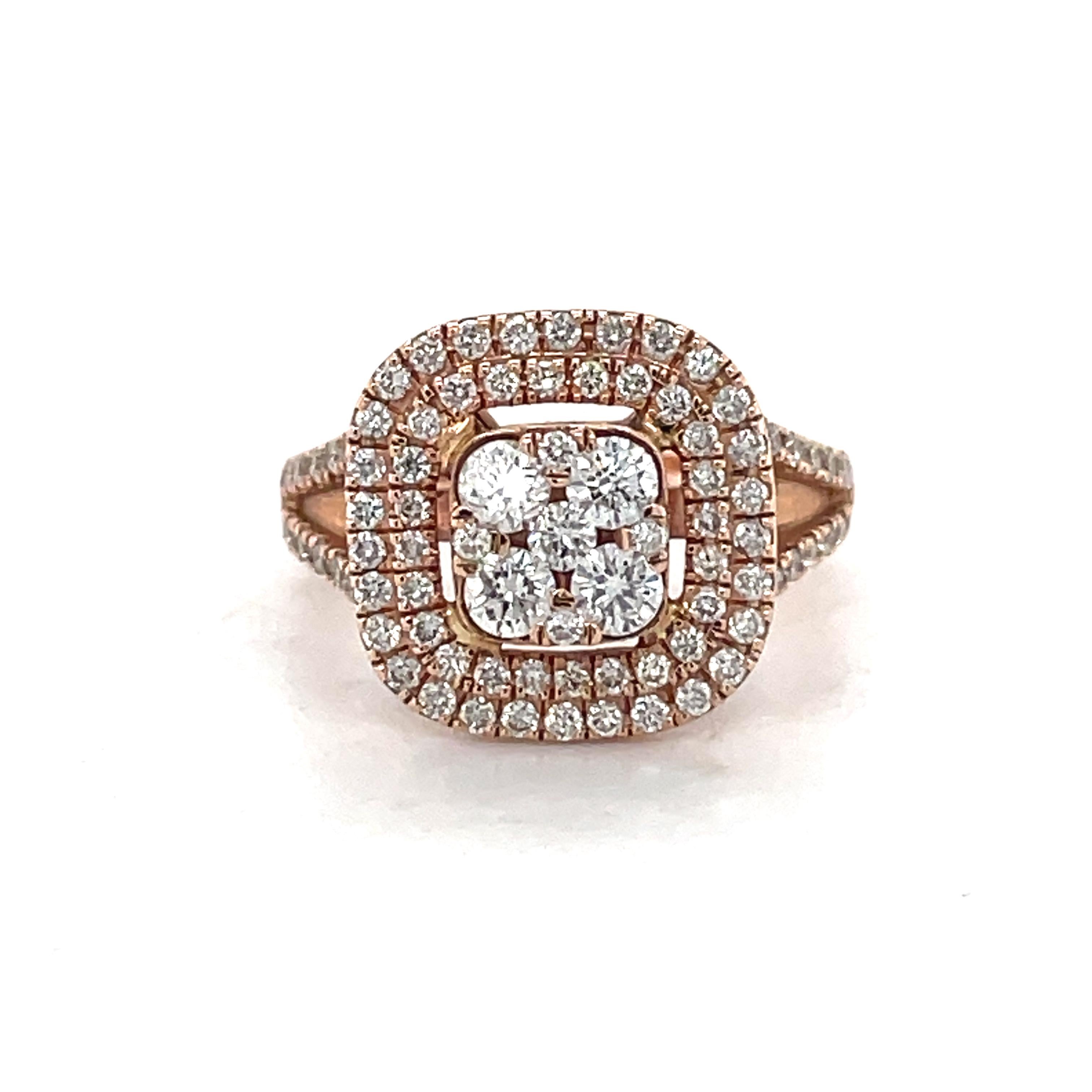 Double Halo Diamond Engagement Ring, 1ct diamonds Vintage Style 14K Rose Gold For Sale 4