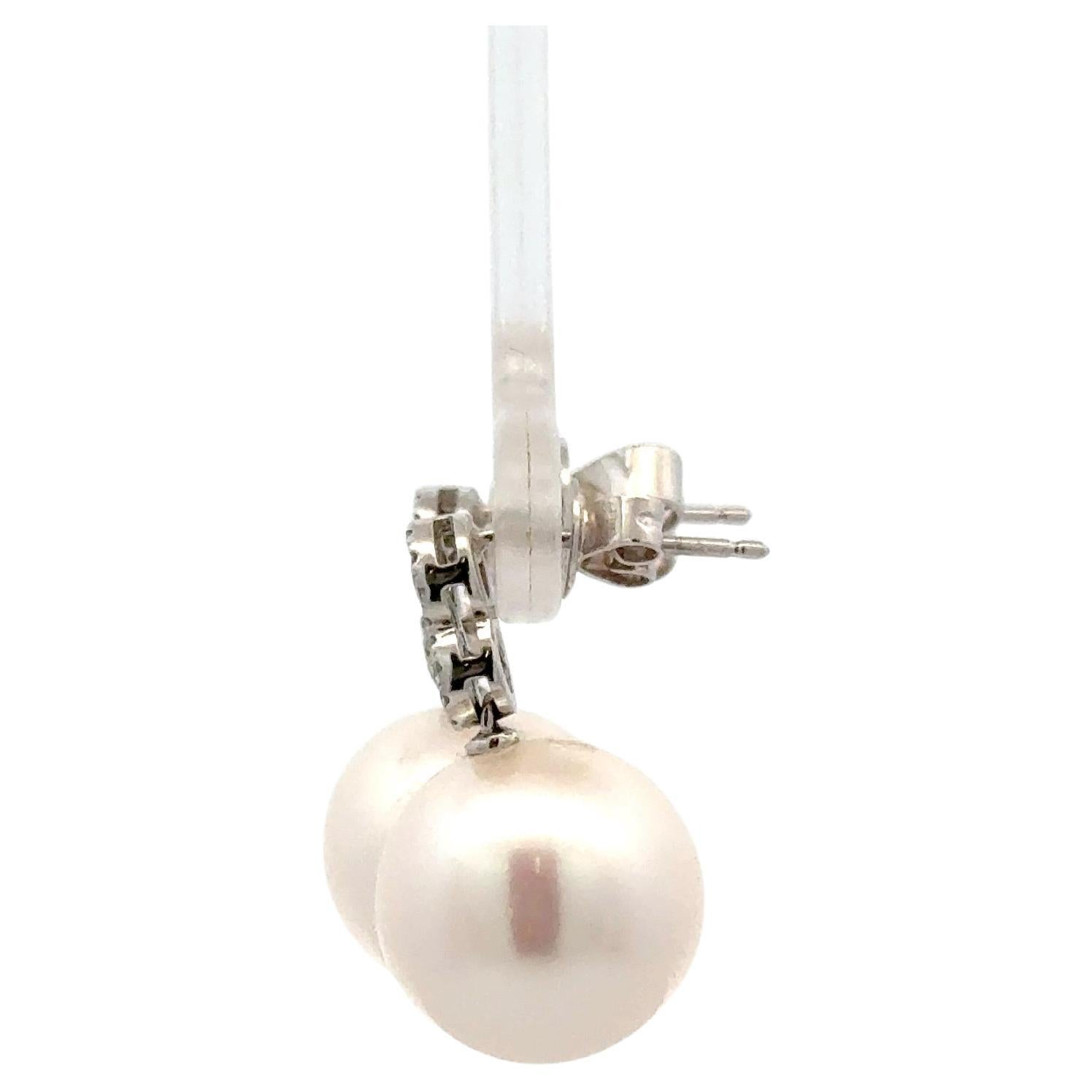 Contemporary Double Halo Diamond Freshwater Pearl Drop Earrings 0.32 Carats 12-13 MM 18 KT For Sale