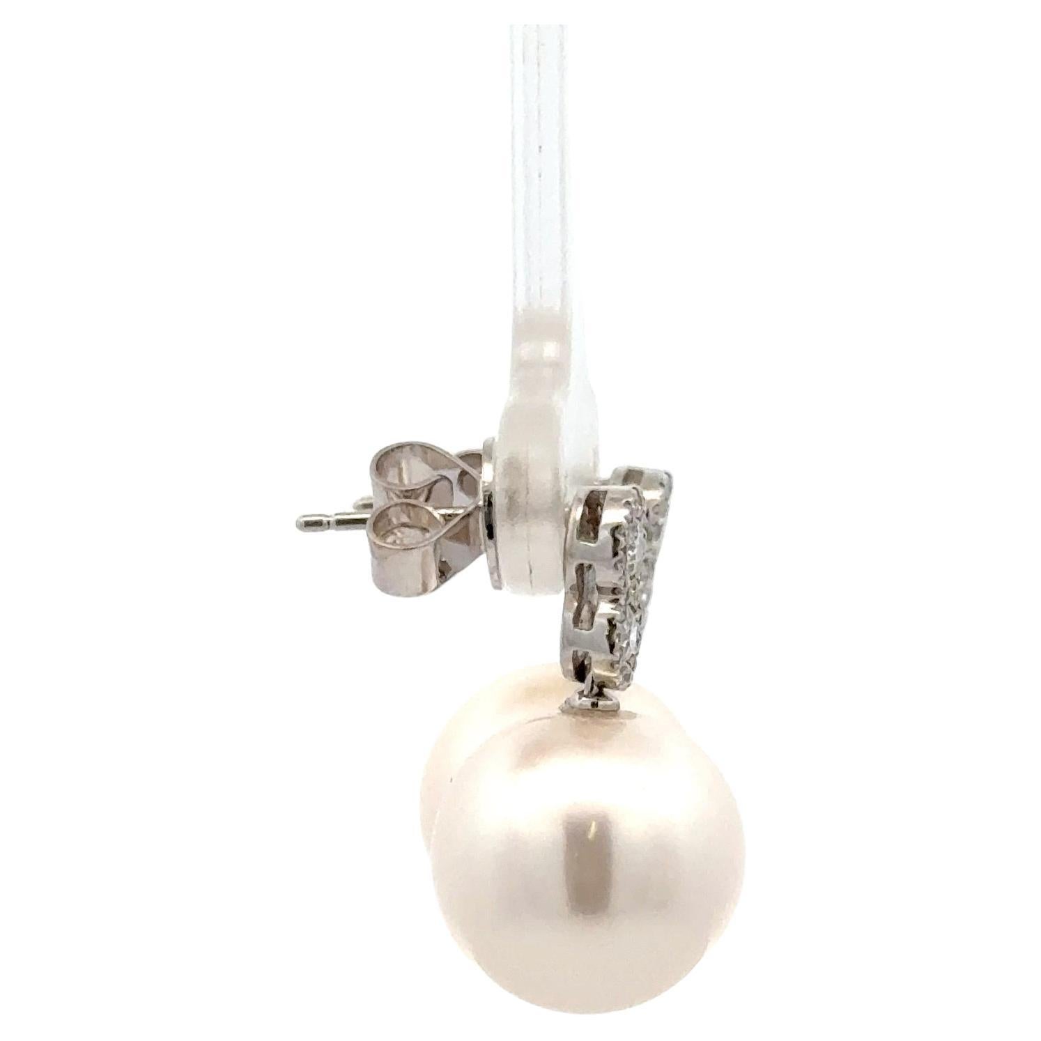 Round Cut Double Halo Diamond Freshwater Pearl Drop Earrings 0.32 Carats 12-13 MM 18 KT For Sale