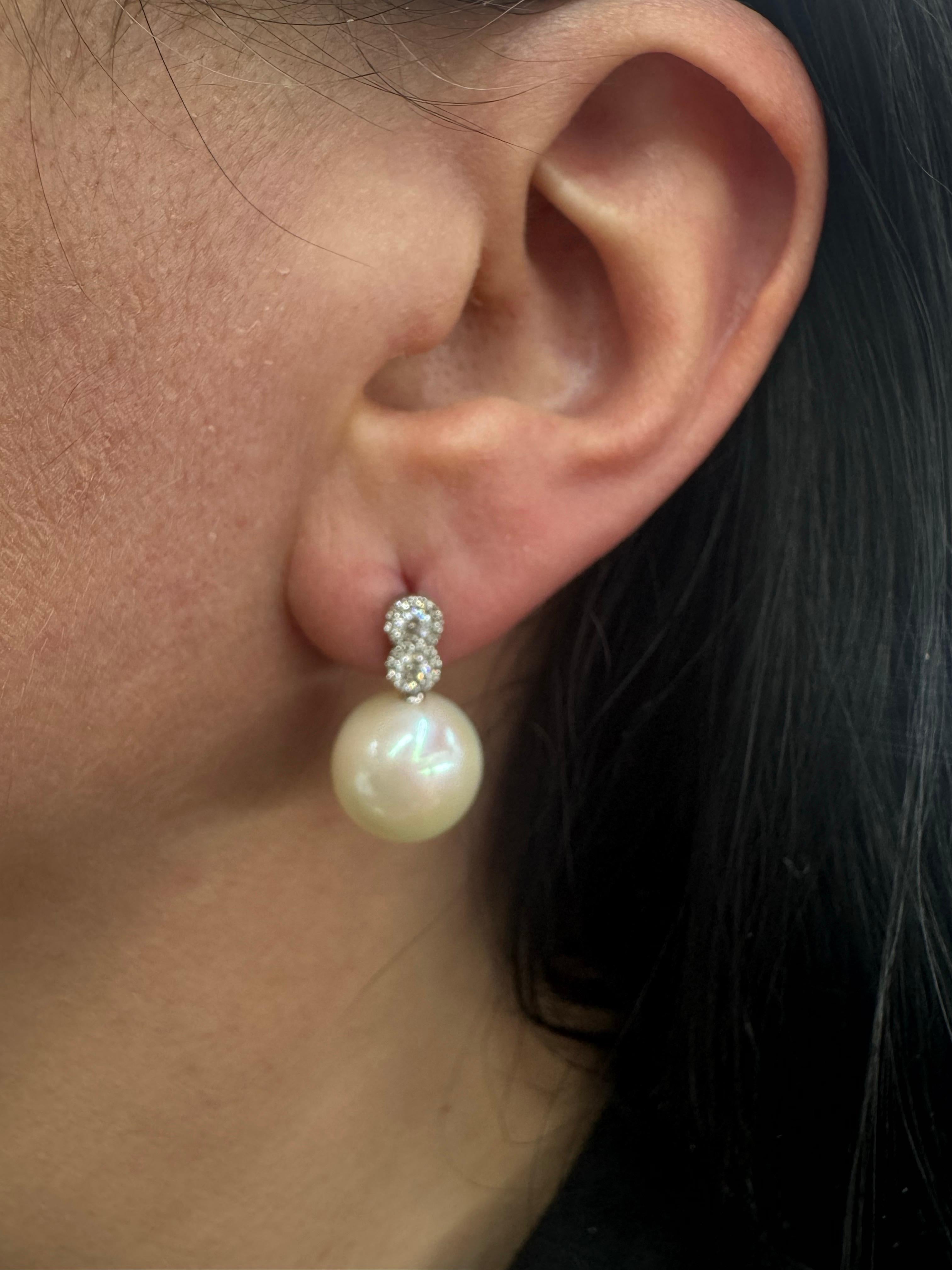 Double Halo Diamond Freshwater Pearl Drop Earrings 0.32 Carats 12-13 MM 18 KT In New Condition For Sale In New York, NY
