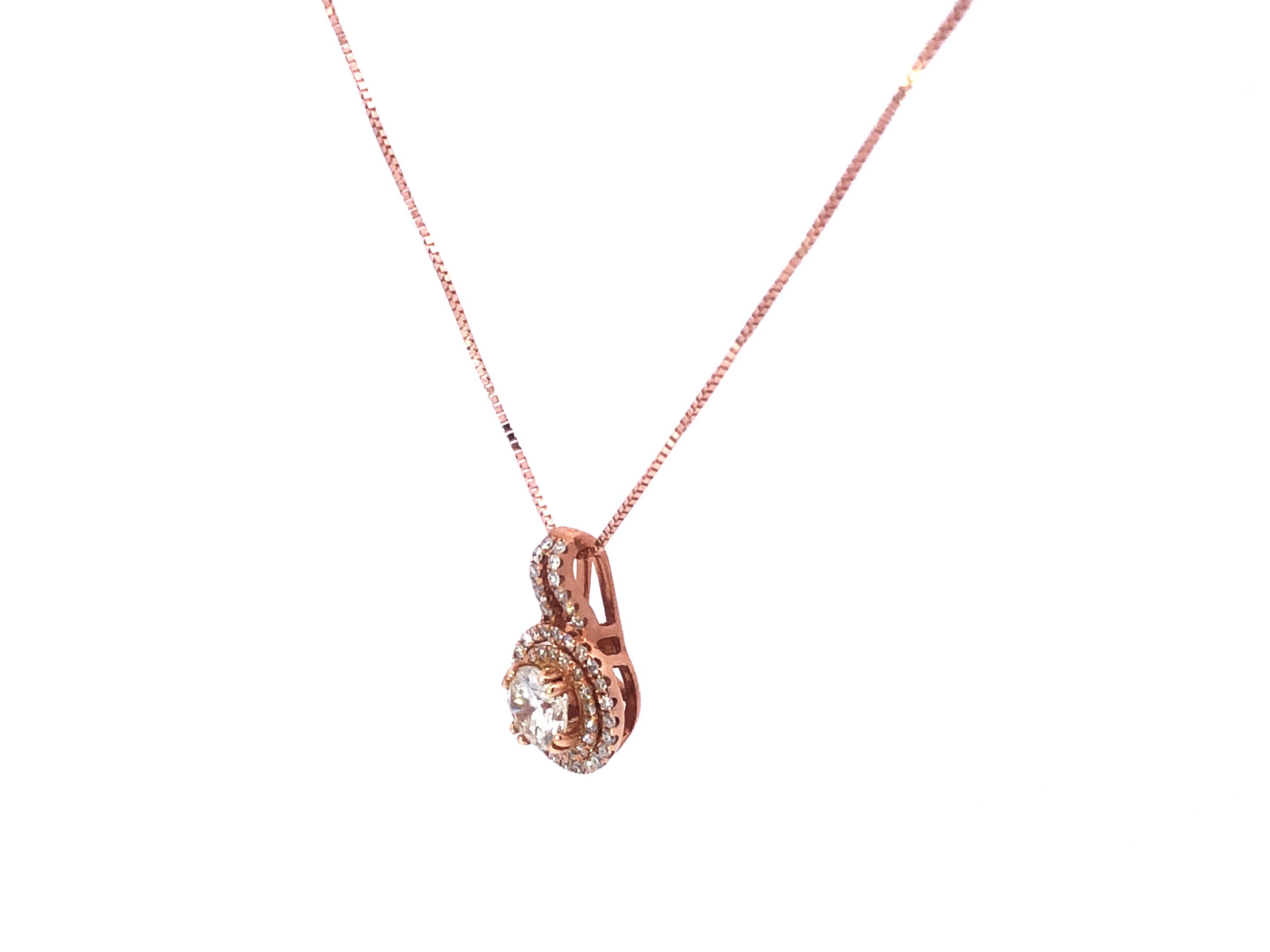 Round Cut Double Halo Diamond Pendant in 18k Rose Gold For Sale