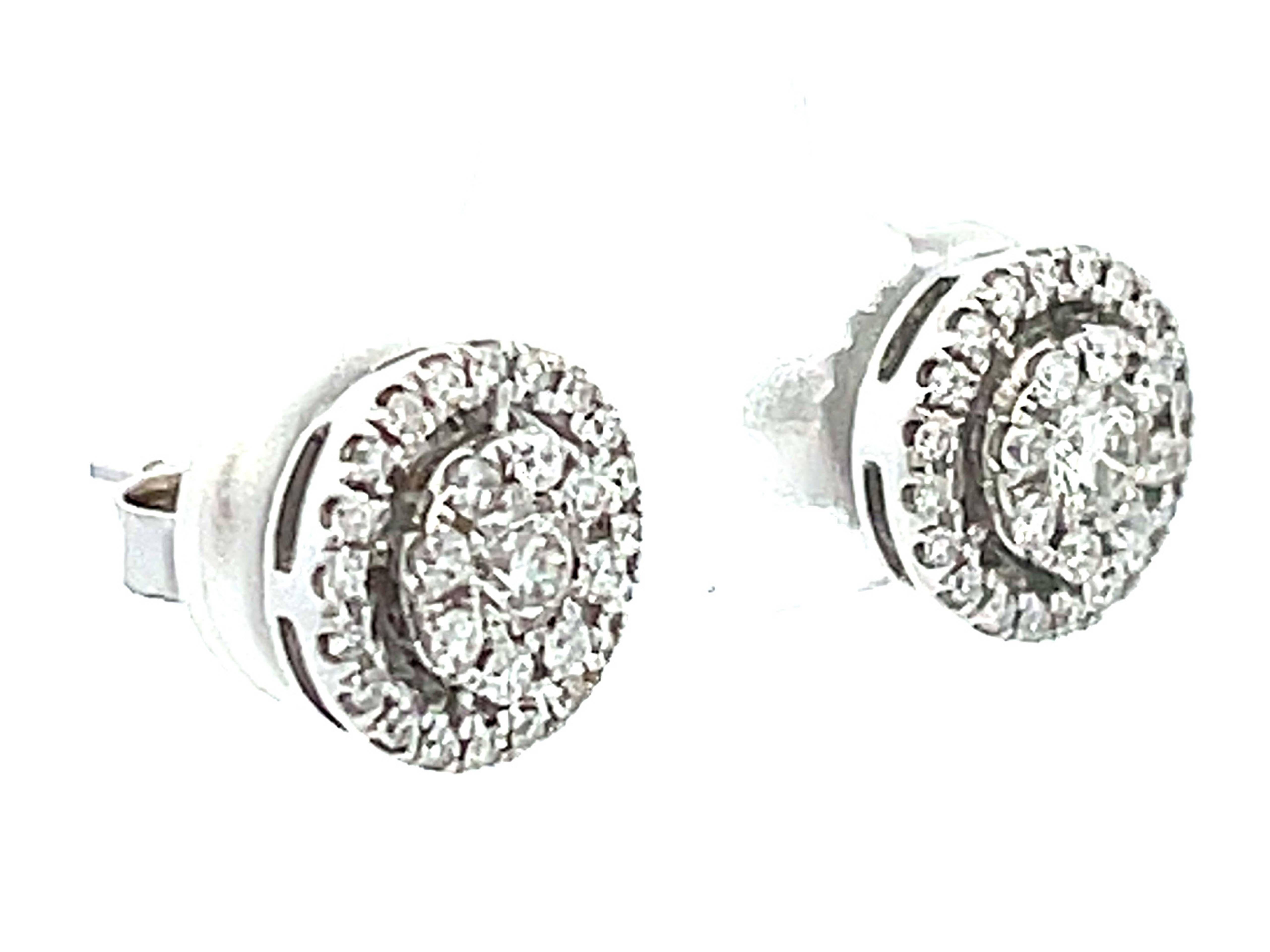 Modern Double Halo Diamond Stud Earrings in 14k White Gold For Sale