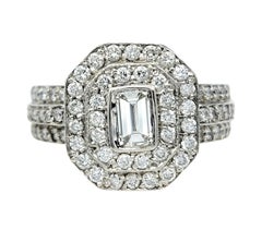 Double Halo Emerald Cut Diamond Multi Row Band Ring in 14 Karat White Gold