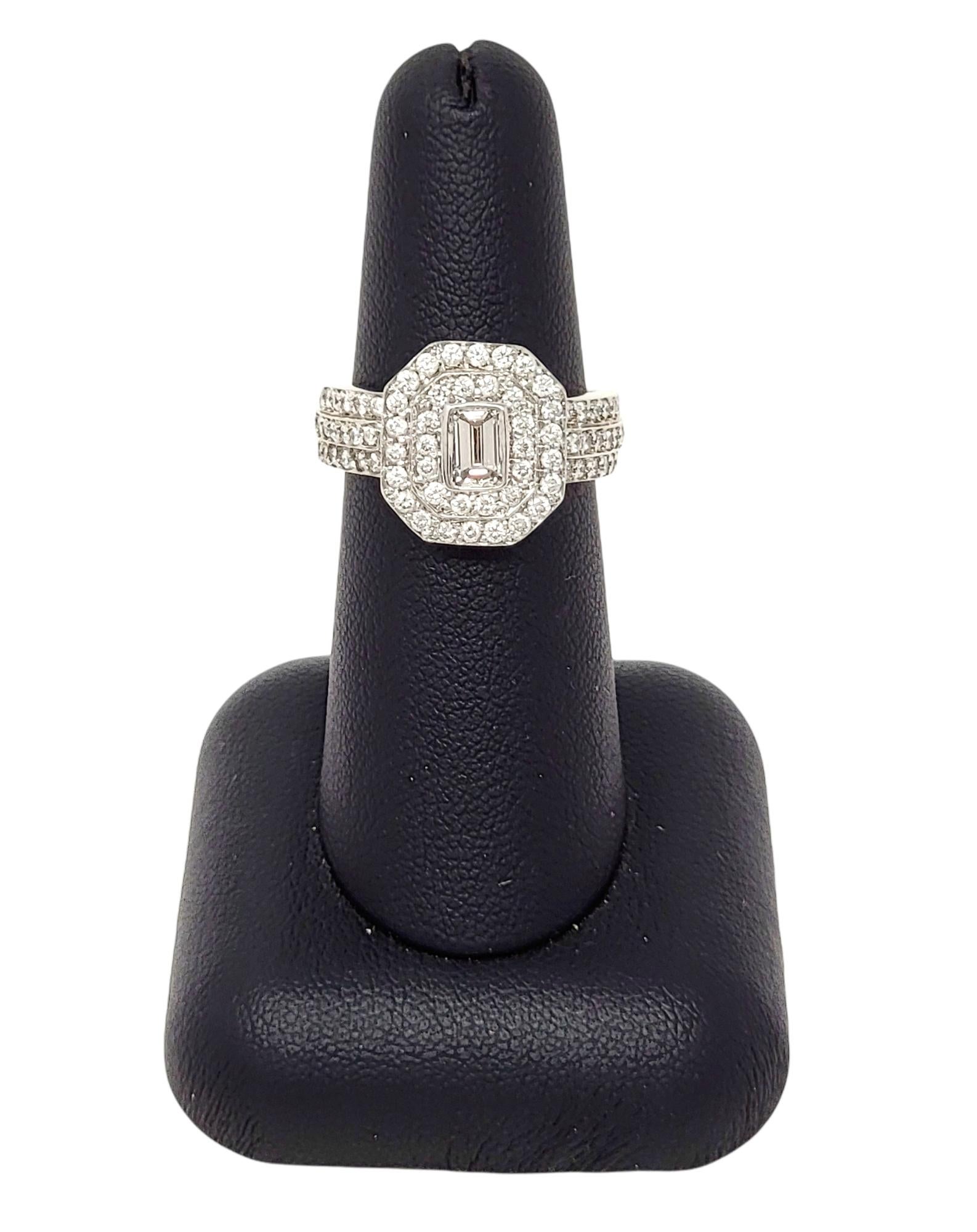 Women's Double Halo Emerald Cut Diamond Multi Row Band Ring in 14 Karat White Gold For Sale