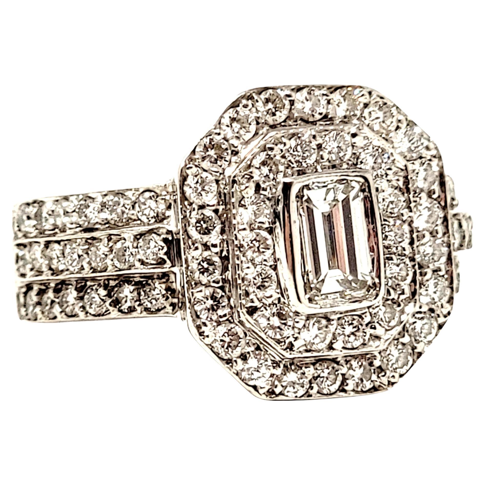 Double Halo Emerald Cut Diamond Multi Row Band Ring in 14 Karat White Gold For Sale