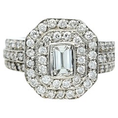 Double Halo Emerald Cut Diamond Multi Row Band Ring in 14 Karat White Gold