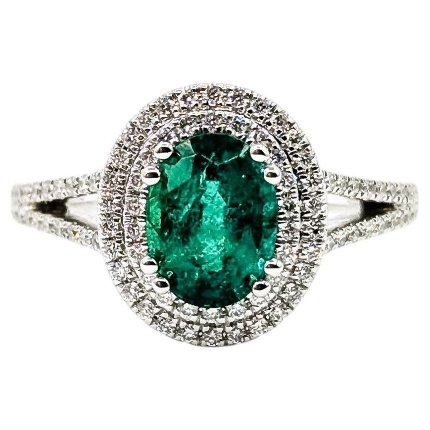 Double Halo Emerald & Diamond Ring in 14k White Gold