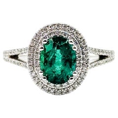Double Halo Emerald & Diamond Ring in 14k White Gold