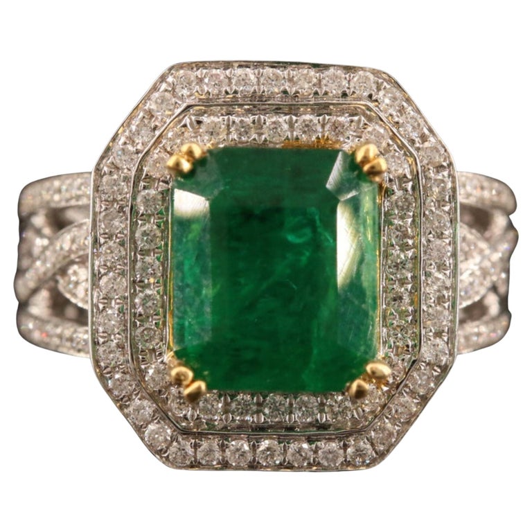 Customizable Double Halo Emerald Engagement Ring, Natural Emerald