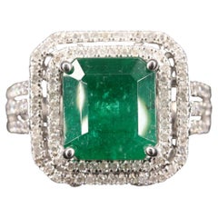 Double Halo Emerald Statement Ring, Vintage Emerald Engagement Ring