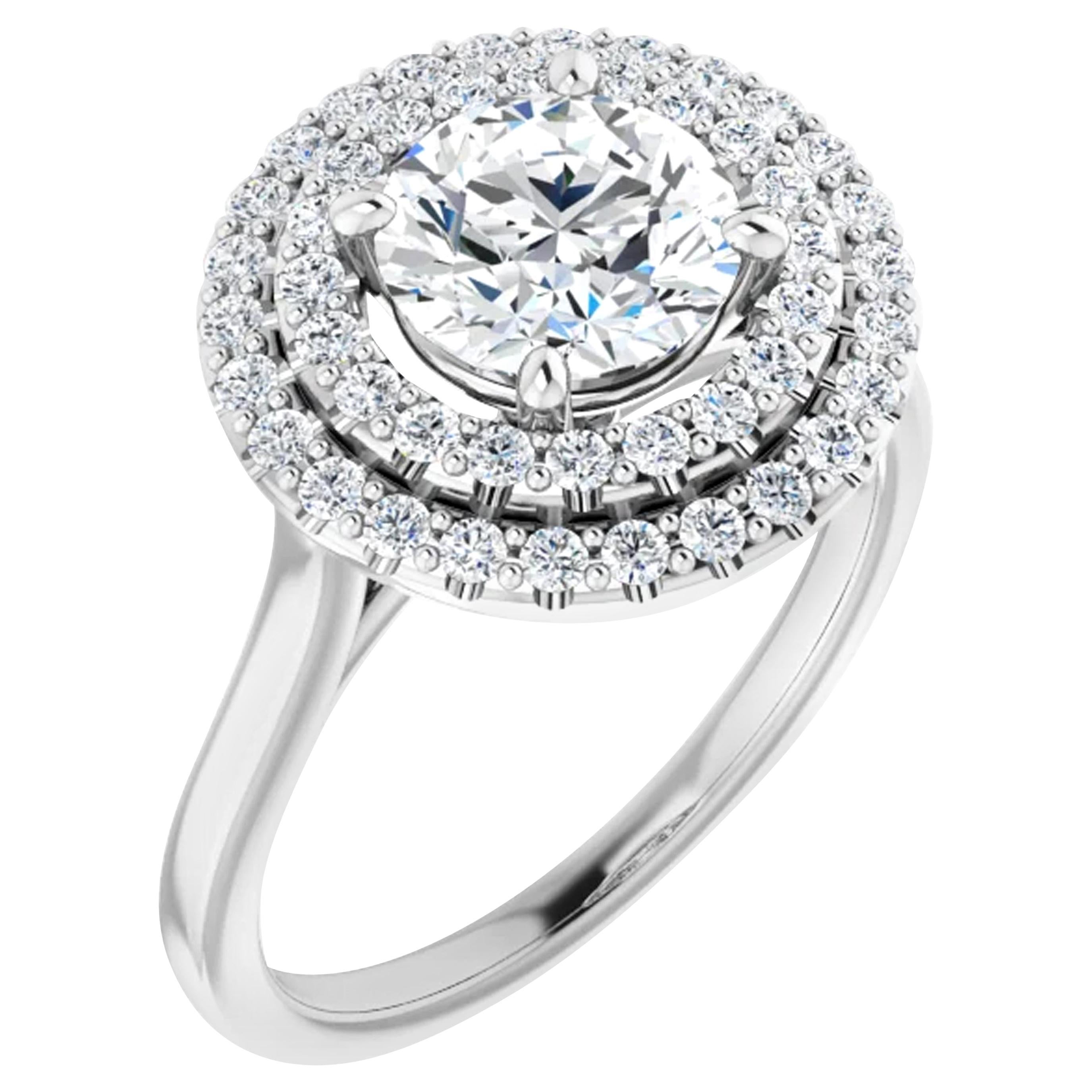 Double Halo GIA Round Brilliant White Diamond Engagement Ring 1.35 Carat For Sale