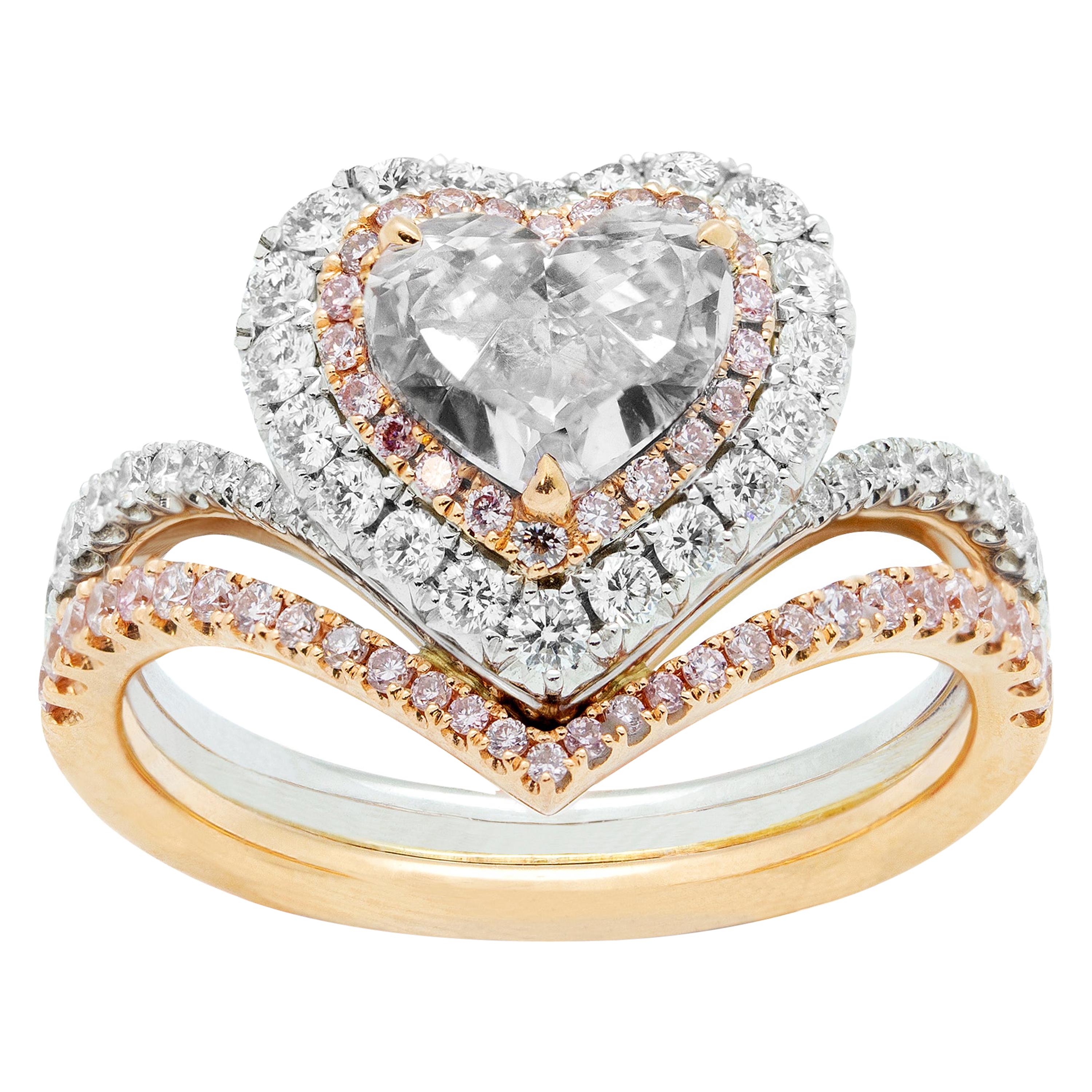 Double Halo Heart Engagement Ring, White Diamond, White and Rose Gold For Sale