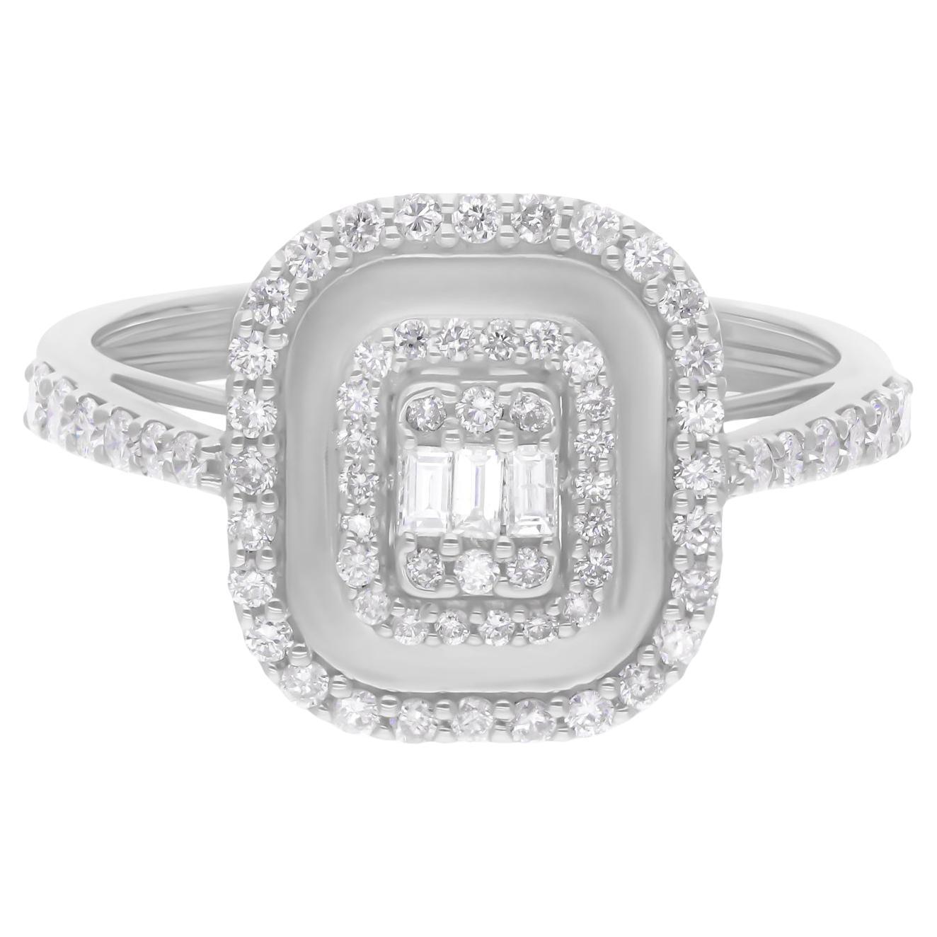 Double Halo Mixed Cut Diamond Wedding Ring 14K Solid White Gold