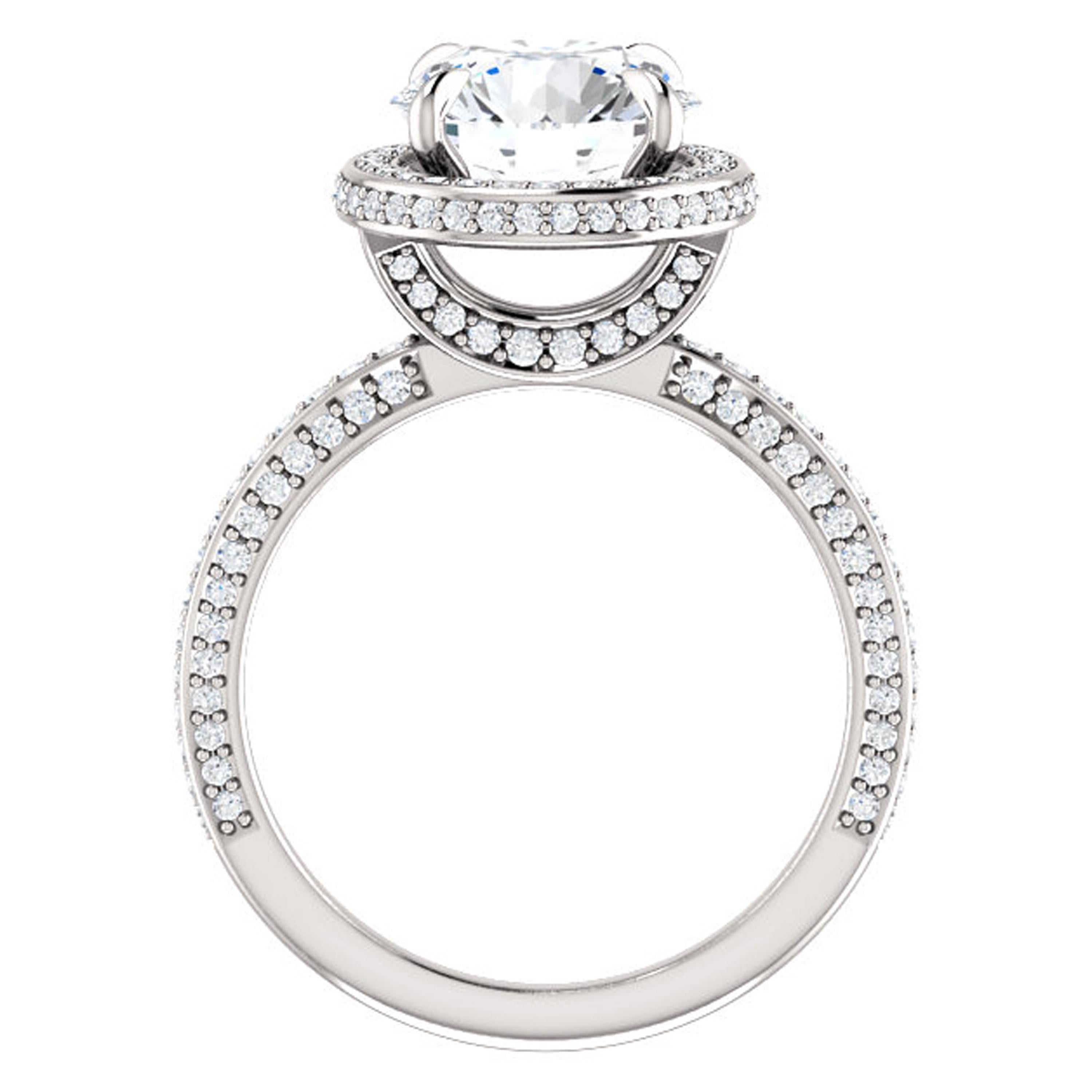 Multiple rows of lustrous diamonds dance along the shank of this one of a kind Valorenna engagement ring. Additional shimmering white diamonds surround the halo and make the GIA certified center stone appear bigger. Visible through the gallery,