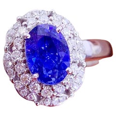 Double Halo Natural Sapphire Diamond 18K White Gold Engagement Ring