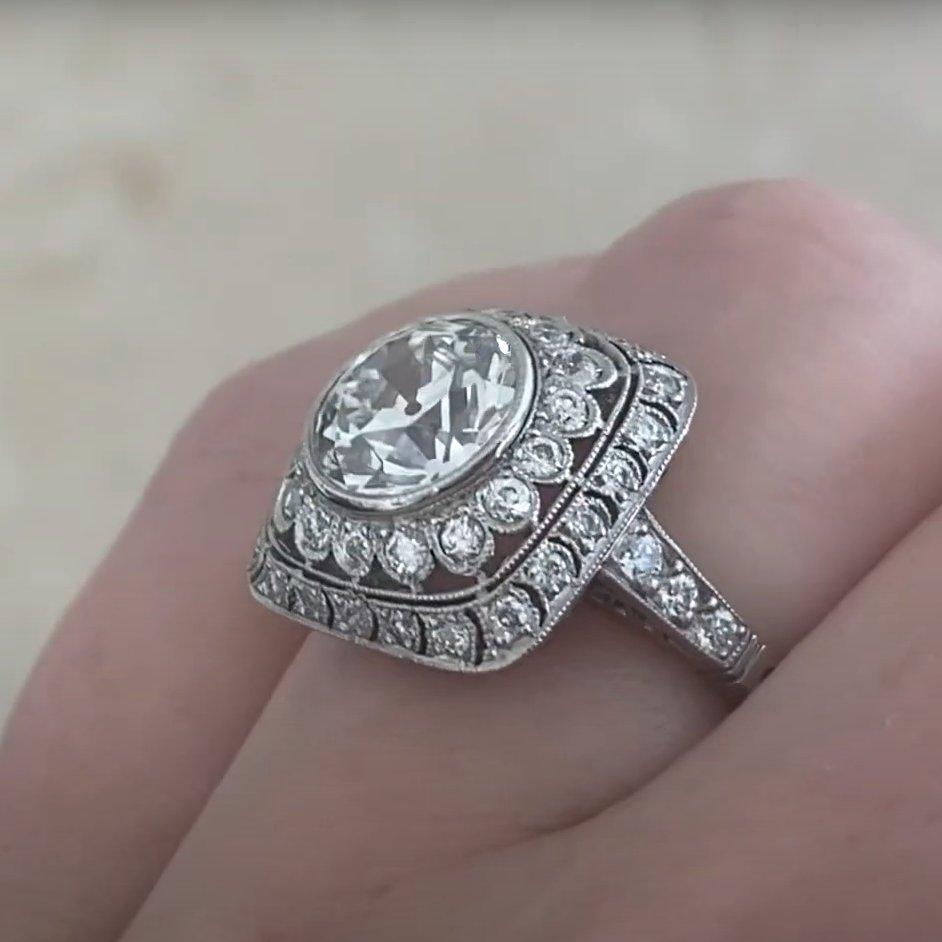 Bague double halo en diamant taille européenne ancienne (GIA environ 2,10 carats), platine Pour femmes en vente