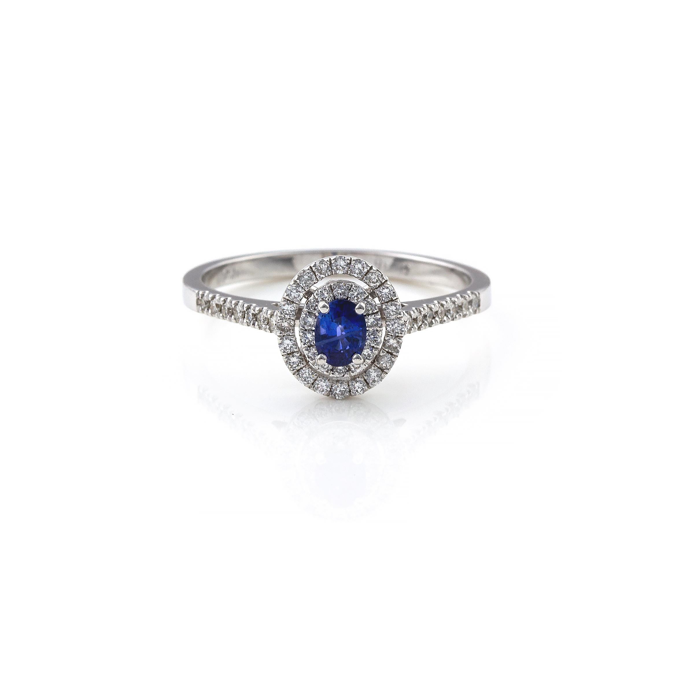 Retro Double Halo Pave Diamond Blue Sapphire 18Kt white gold ring marquise cut For Sale