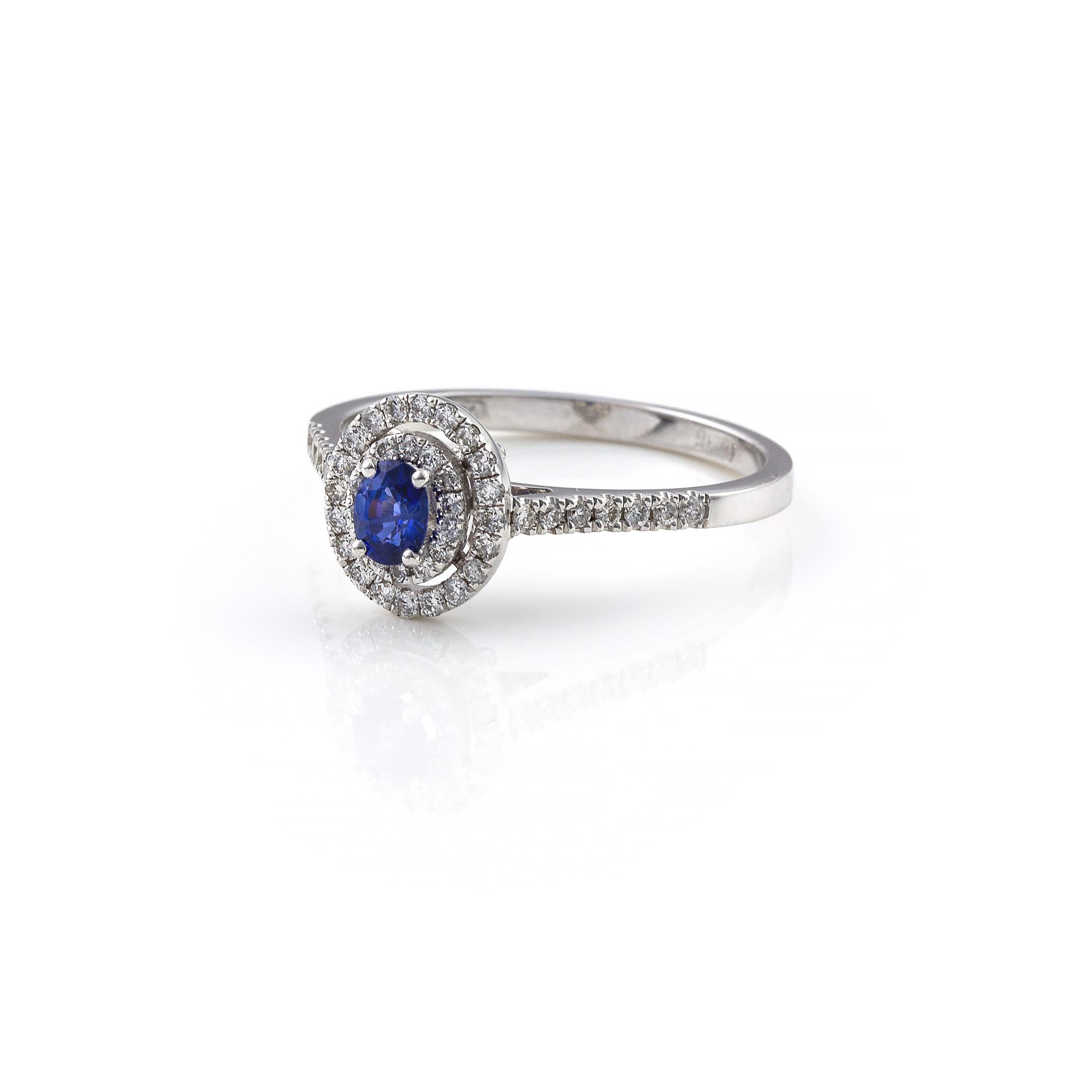 Oval Cut Double Halo Pave Diamond Blue Sapphire 18Kt white gold ring marquise cut For Sale