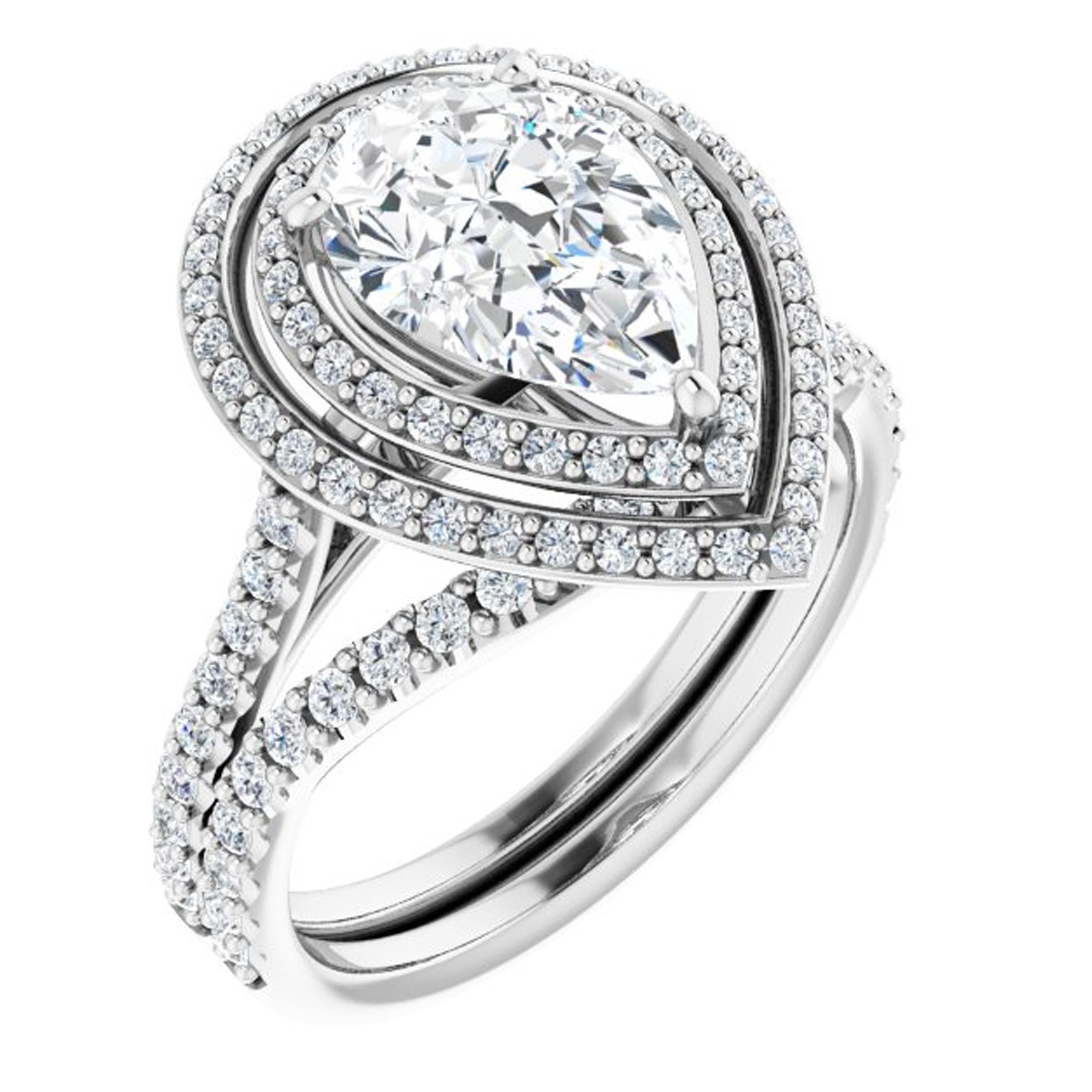 Enhancing the GIA certified center stone and making it appear a lot bigger, shimmering diamonds surround the double halo of this Valorenna one of a kind engagement ring. Additional diamonds line the shank and a high-polish finish strikes unmatched