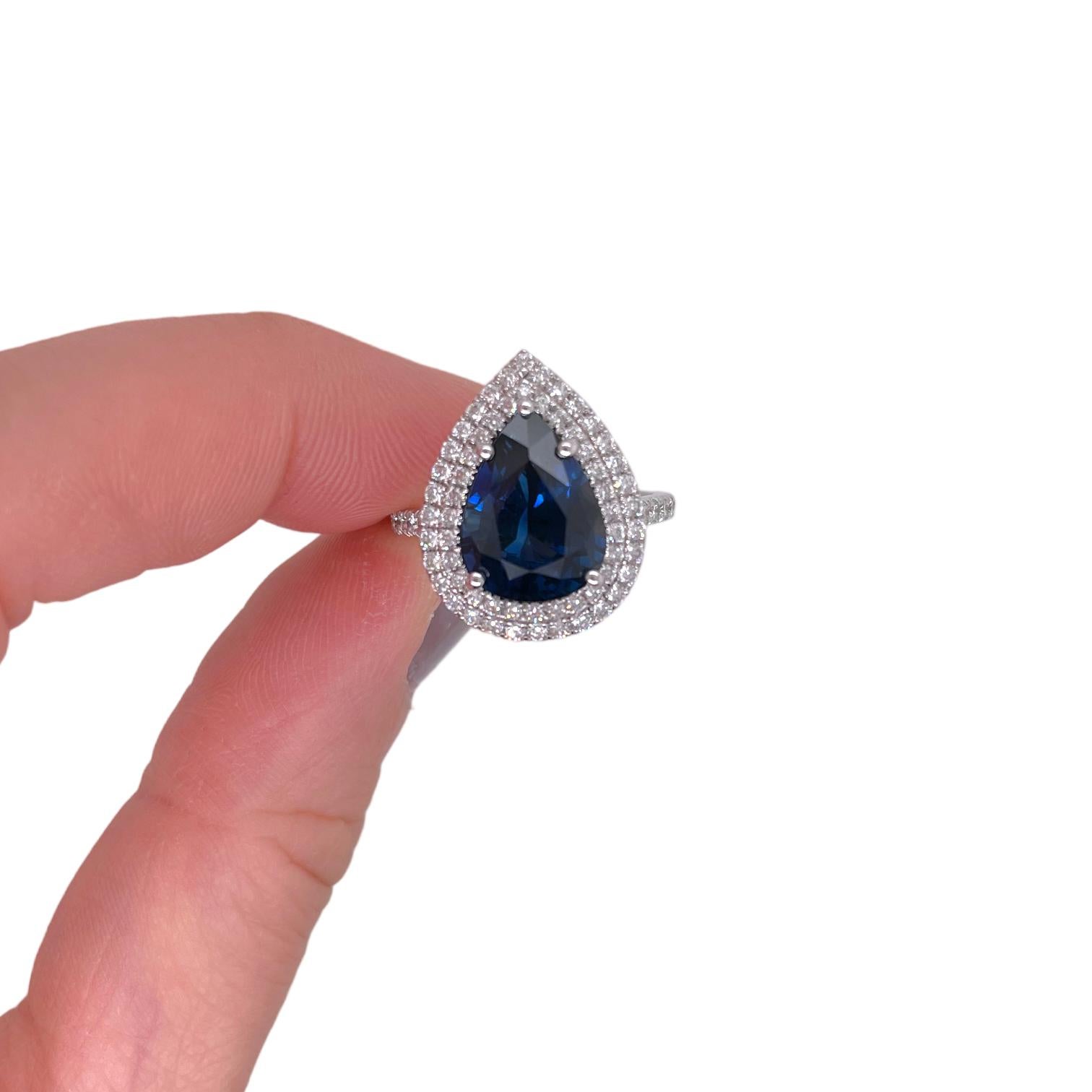 Modern Sapphire & Diamond Double Halo  Ring in 18K White Gold For Sale